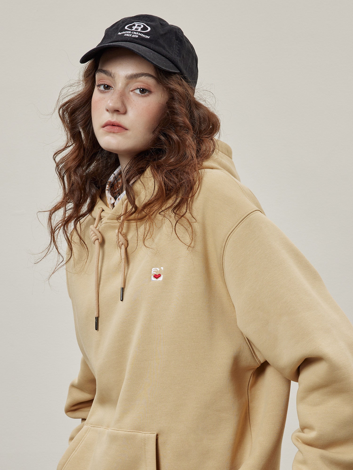 Basic Solid Embroidery Logo Hoodies - Apricot