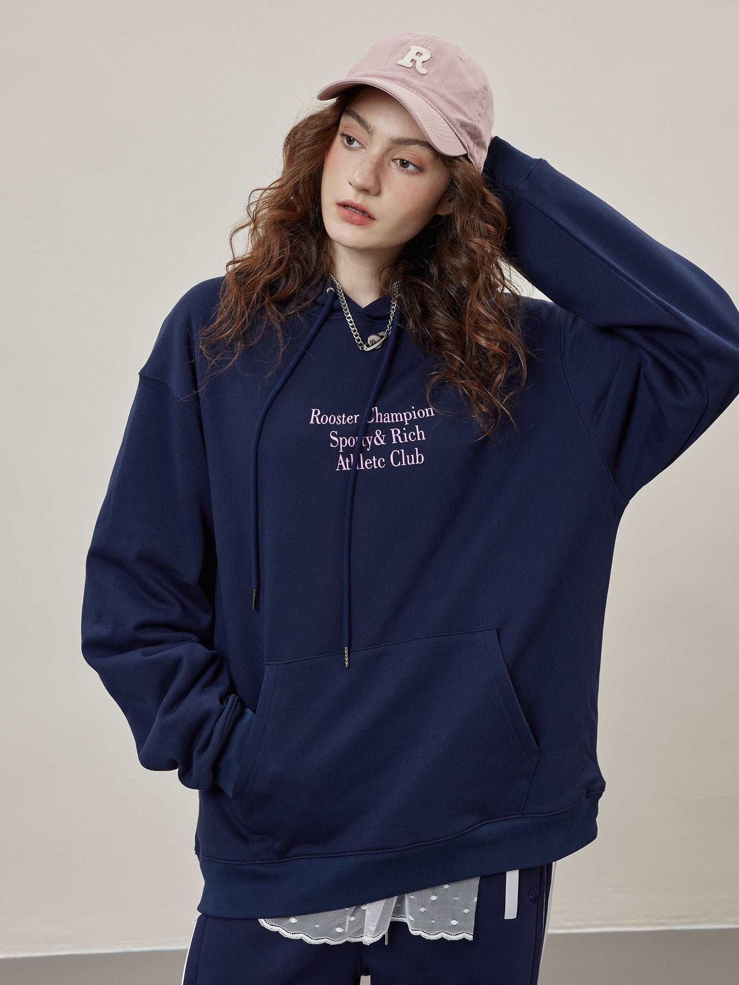 Drop Shoulder Print Hoodies - Navy