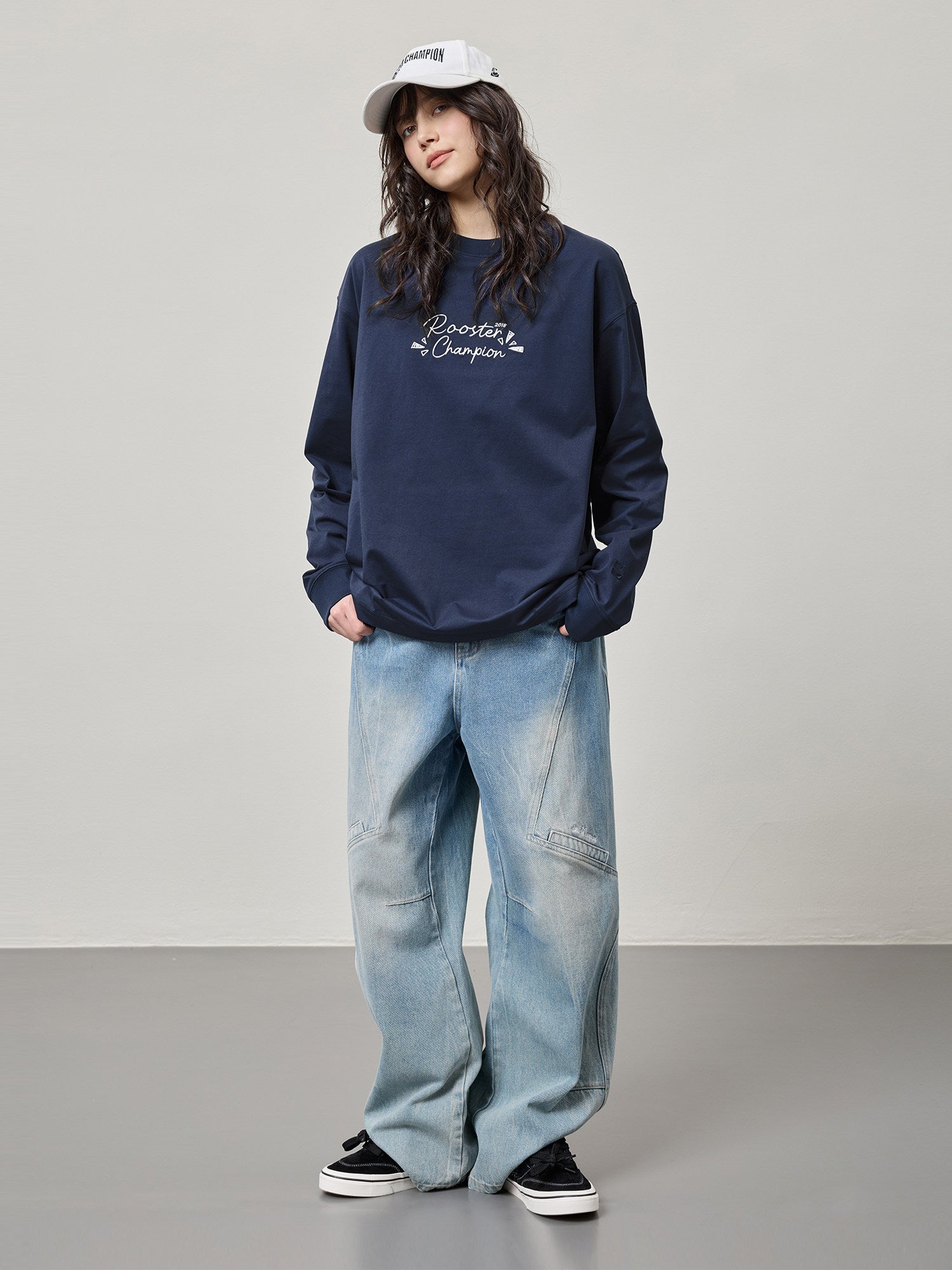 Embroidery Letter Long Sleeve Shirt - Navy