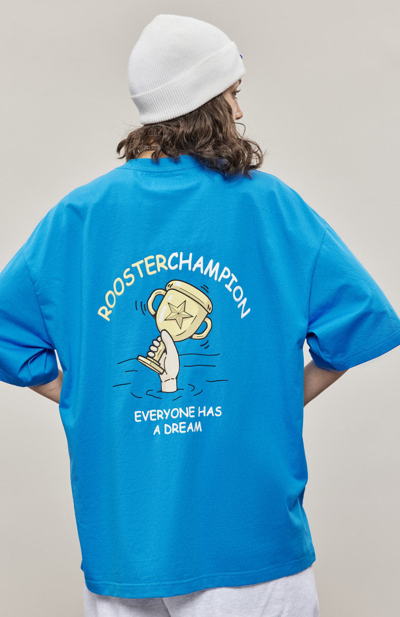 Cartoon Print Cotton T-shirt - Blue