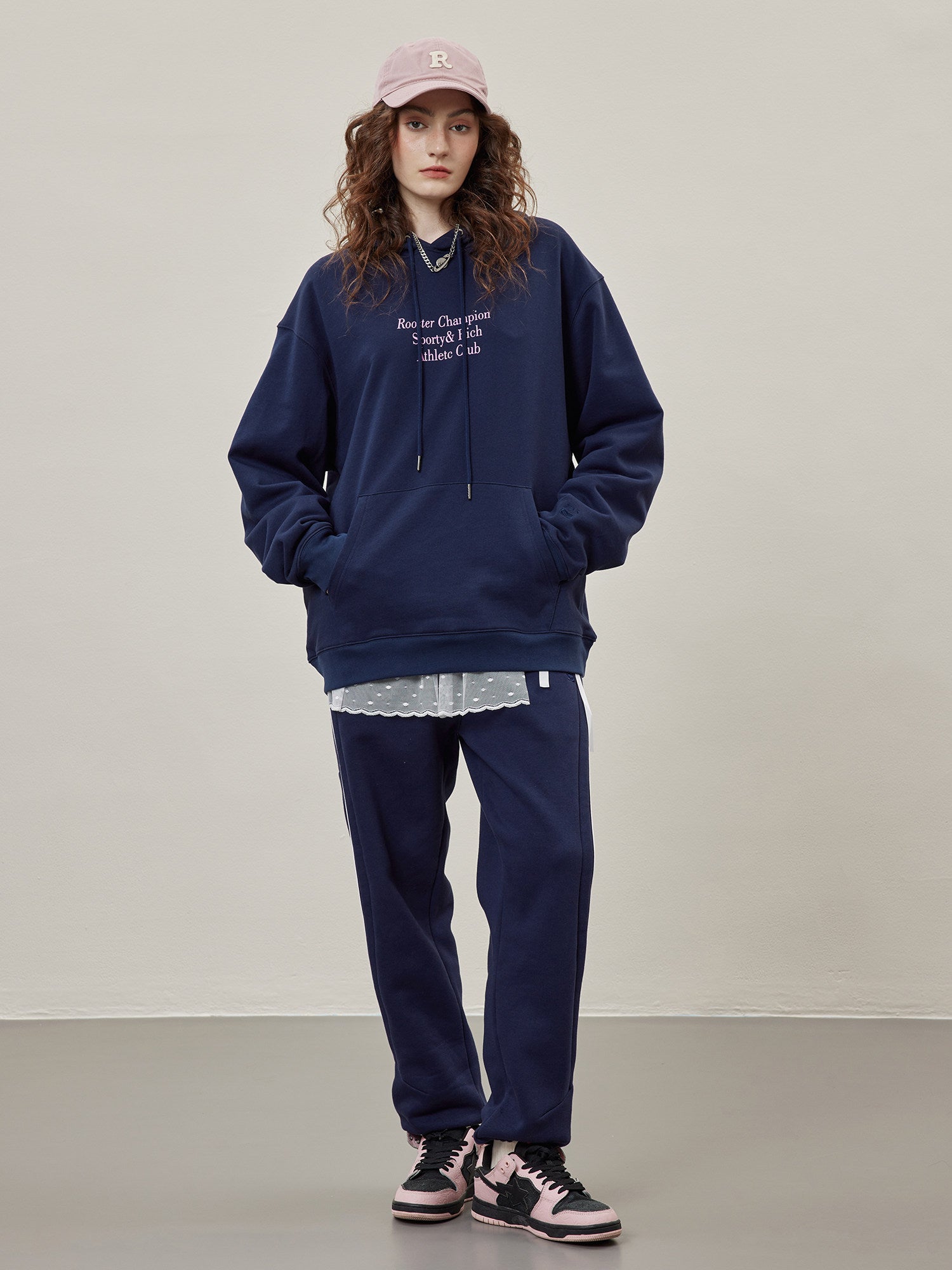 Drop Shoulder Print Hoodies - Navy