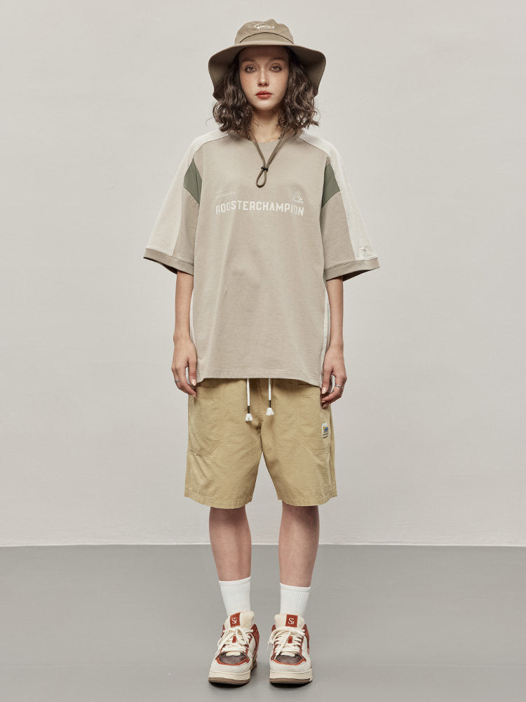 Block Color Letter Print T-shirt - Khaki
