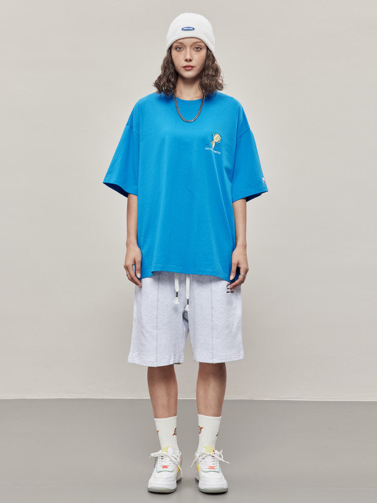 Cartoon Print Cotton T-shirt - Blue