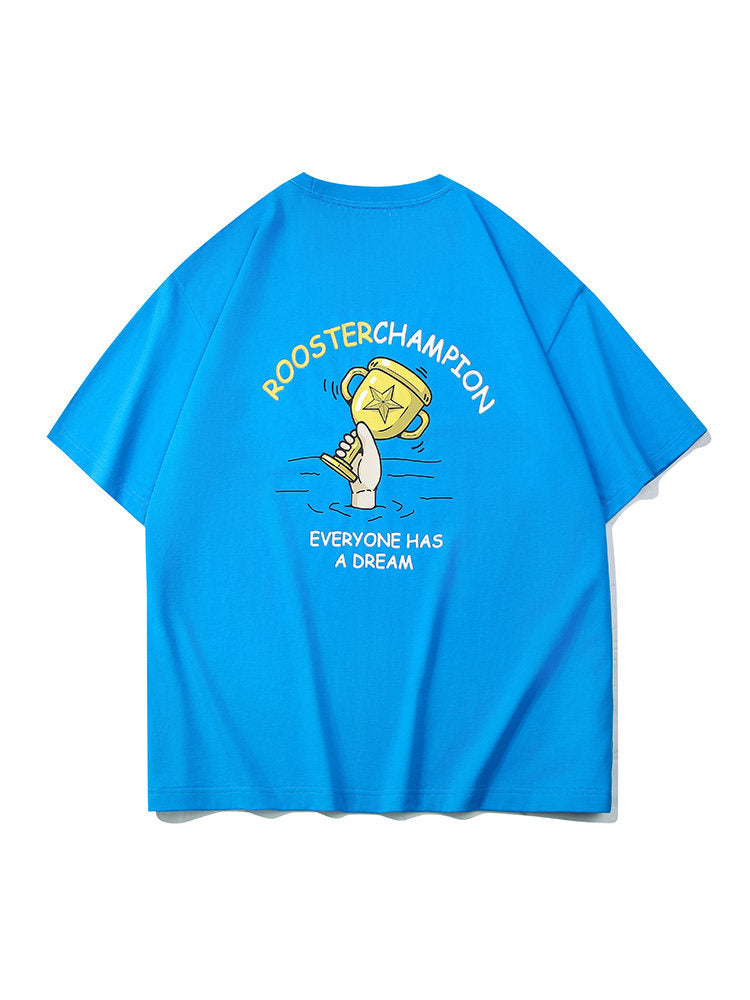 Cartoon Print Cotton T-shirt - Blue