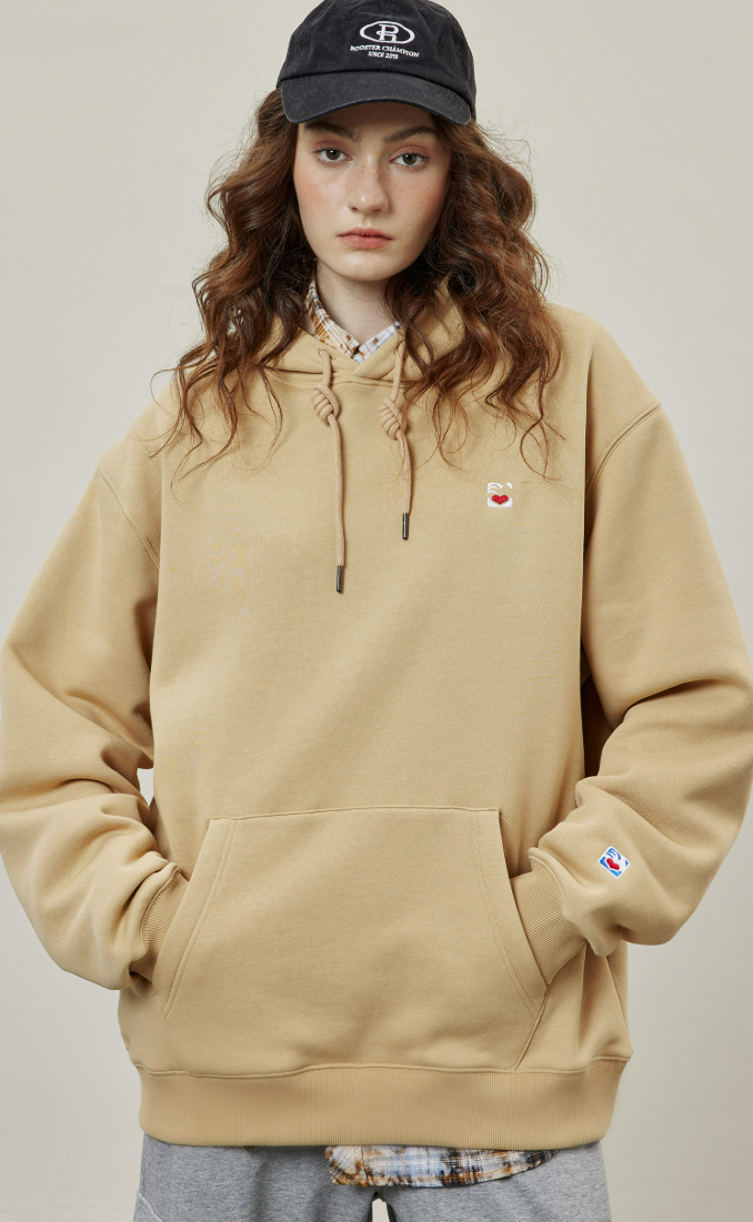 Basic Solid Embroidery Logo Hoodies - Apricot