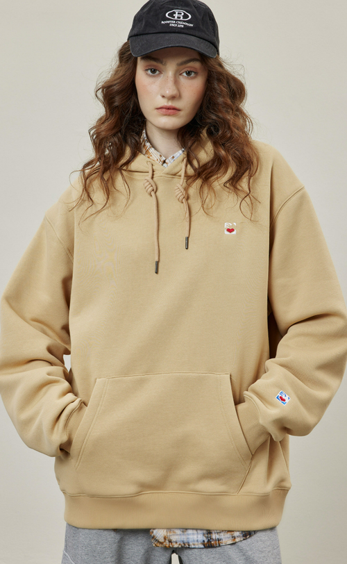 Basic Solid Embroidery Logo Hoodies - Apricot