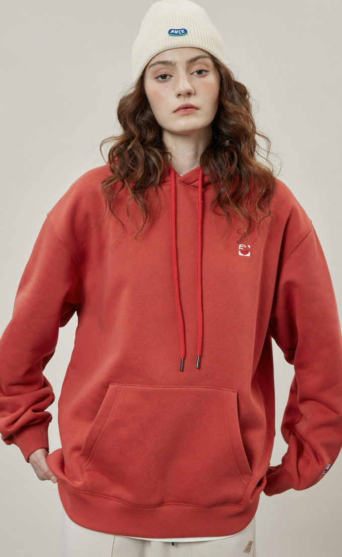 Basic Solid Embroidery Logo Hoodies - Red