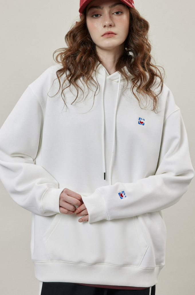 Basic Solid Embroidery Logo Hoodies - White