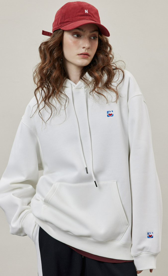 Basic Solid Embroidery Logo Hoodies - White