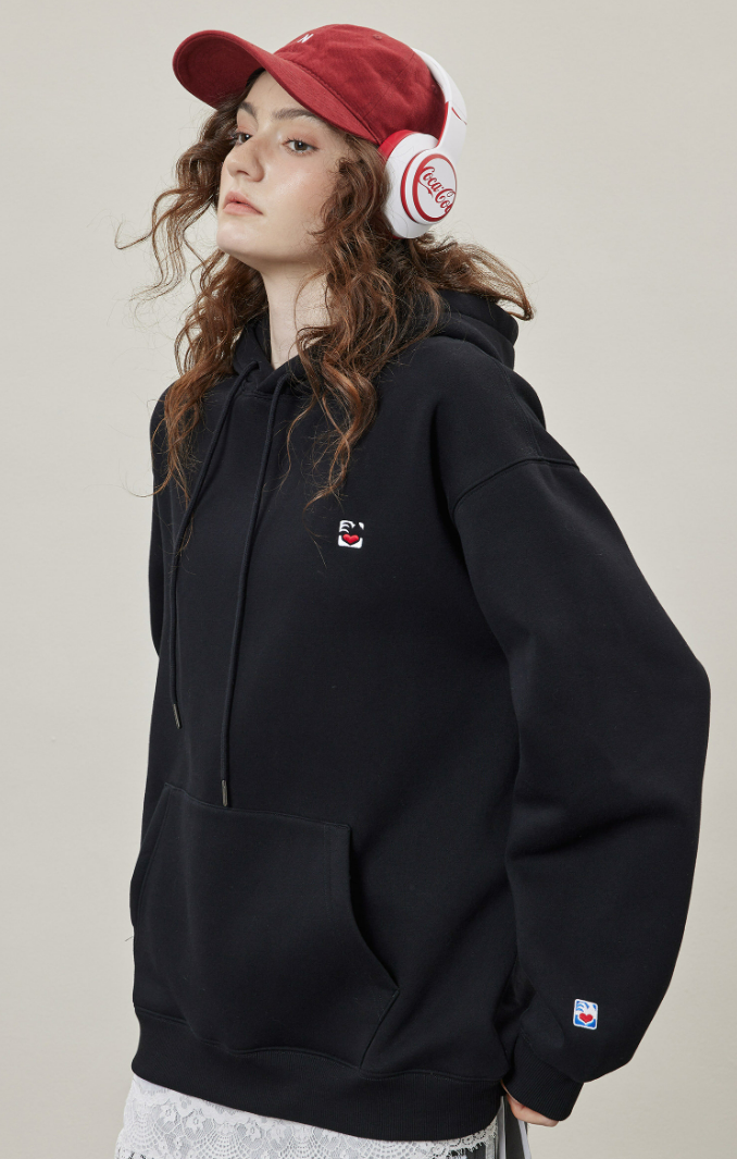 Basic Solid Embroidery Logo Hoodies - Black