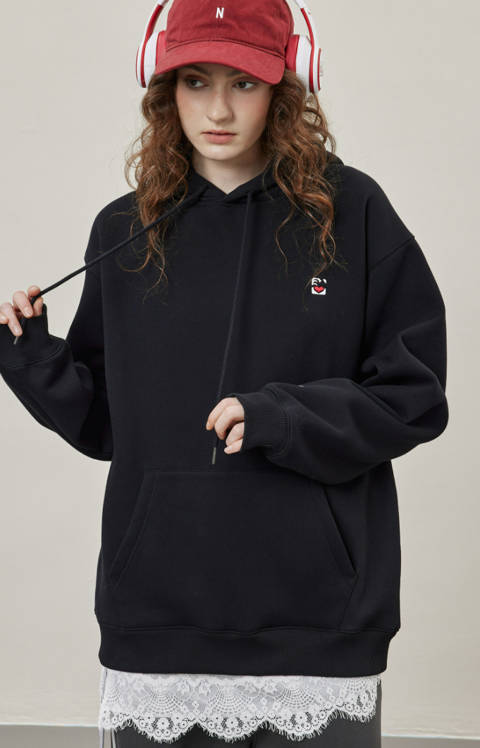 Basic Solid Embroidery Logo Hoodies - Black